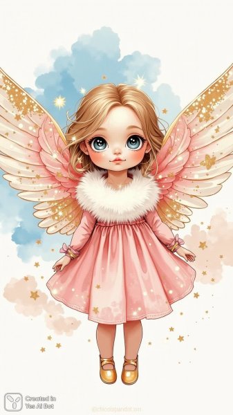 Нежная кукла с крыльями на фоне облаков. Изображение из нейронной сети Flux.1