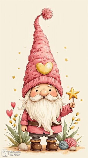 Милый гном с розовой шапкой и звездочкой в саду. Генерация из нейронной сети Flux