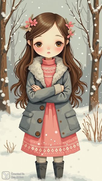 Зимняя сказка: кукла в меховом пальто и розовом платье ручной работы. Нейросеть Flux 1