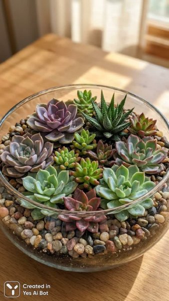 Миниатюрный сад суккулентов в стеклянной чаше. Генерация из нейронной сети NanoBanana