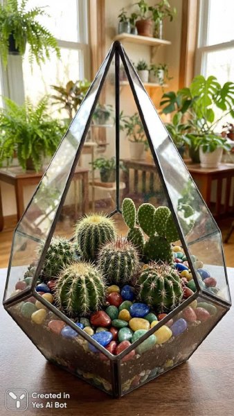 Террариум с кактусами в реалистичном стиле и яркими деталями интерьера. Нейронная сеть Nano Banana