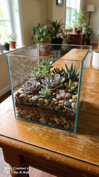 Террариум с суккулентами: фотореалистичная композиция в стекле и дереве. Нейросеть NanoBanana