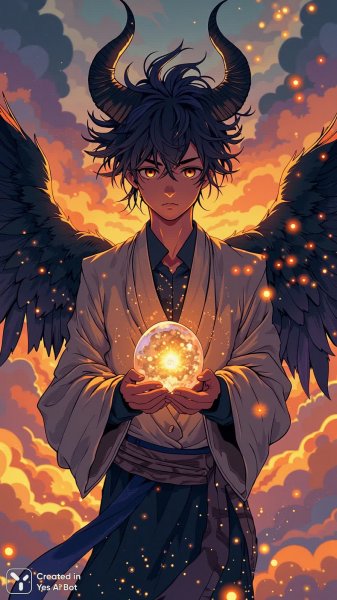 Таинственный инкуб с огненным закатом и магическим шаром. Нейросеть Flux.1