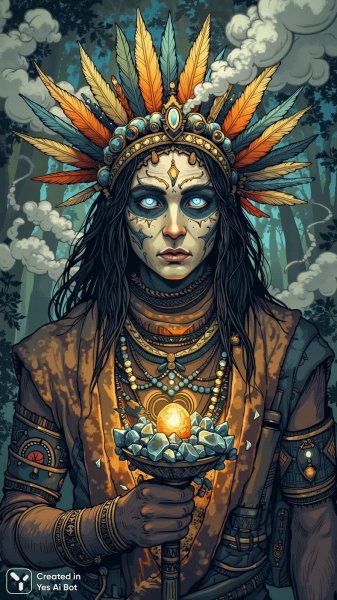 Загадочный шаман в древнем лесу и тайны кристального посоха. Изображение из нейронной сети Flux 1