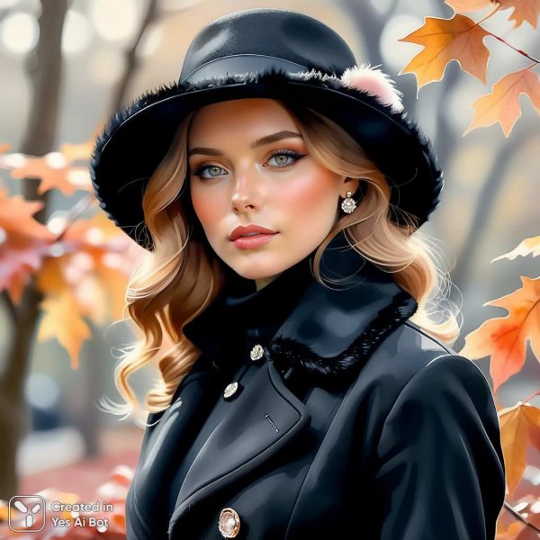 Осенний портрет: стильная женщина в черном пальто и меховой шляпе. Генерация из нейросети Stable Diffusion