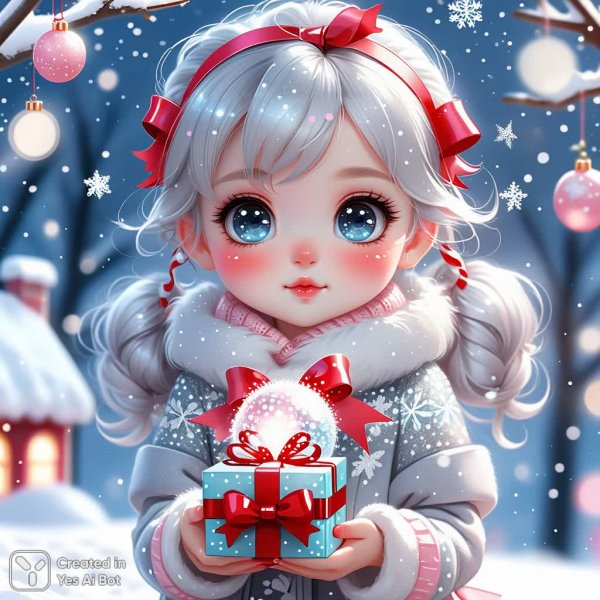 Милая девочка с блестящими глазами и новогодним подарком в снегу. Генерация из нейросети Stable Diffusion