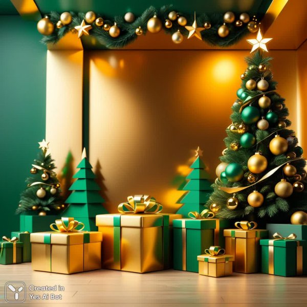 Праздничный декор и минимализм золота с зеленью в стиле C4D. Нейросеть Stable Diffusion