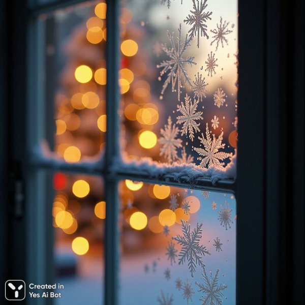 Новогоднее чудо в макро: зимняя сказка на окне. Генерация из нейронной сети Flux 1