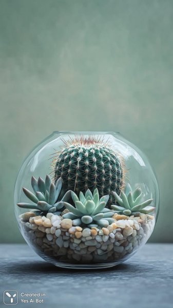 Кактус в стеклянной вазе: уютный домашний пейзаж. Нейросеть Midjourney