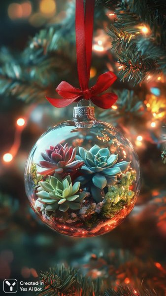 Новогоднее украшение с суккулентами и кактусами в хрустальной сфере. Картинка из нейронной сети Midjourney