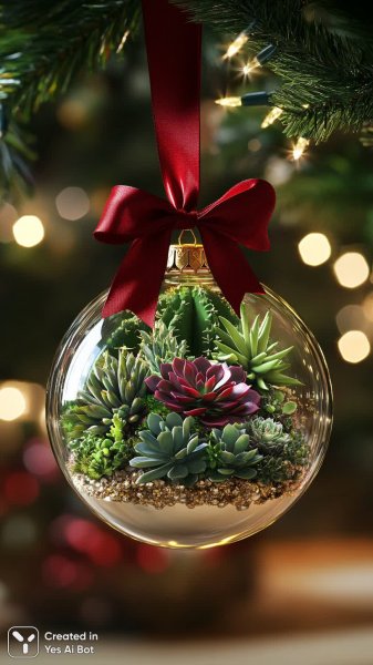 Миниатюрный сад суккулентов в прозрачном шаре на новогодней ёлке. Картинка из нейросети Миджорни