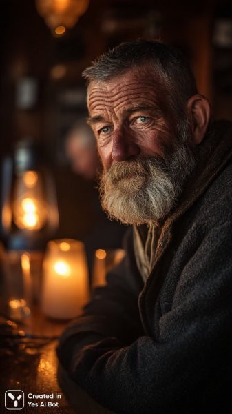 Мудрый капитан в таверне старого порта: отблески ушедших лет и морская тоска. Изображение из нейросети Миджорни