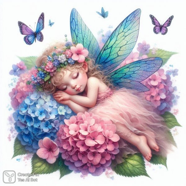 Нежная фея среди гортензий: акварель и акрил в волшебном мире сновидений. Картинка из нейронной сети Dalle