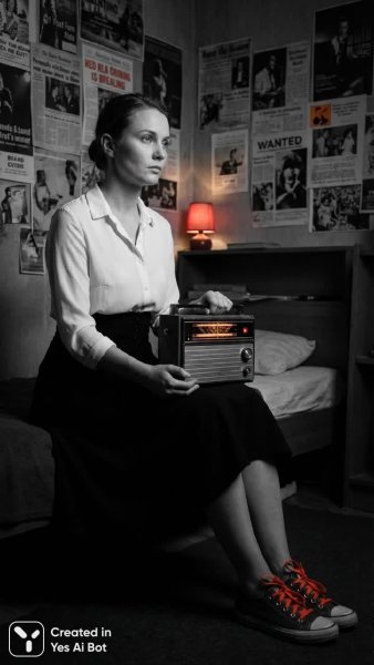 Ретро настроение: девушка с радио в полумраке комнаты и яркий акцент на кроссовках. Изображение из нейронной сети Nano Banana