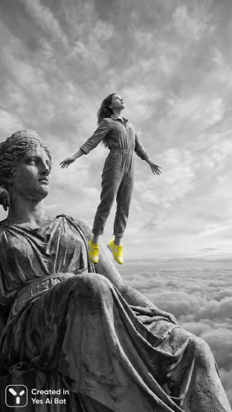 Желтый акцент: мечтательная девушка на фоне неба и статуи. Генерация из нейронной сети Нано Банана