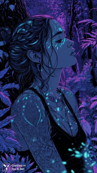 Готическая красотка в неоновом лесу под ультрафиолетом. Нейросеть Midjourney