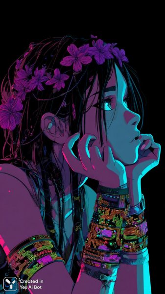 Неоновый портрет аниме-девушки в стиле 80-х с голографическим эффектом. Изображение из нейронной сети Миджорни