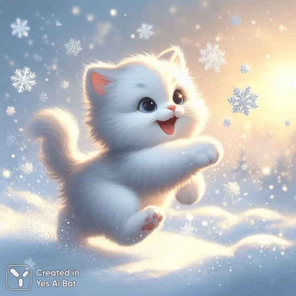 Игривый котёнок в зимней сказке: пушистое веселье на снегу зимой утром. Генерация из нейронной сети Dalle-3