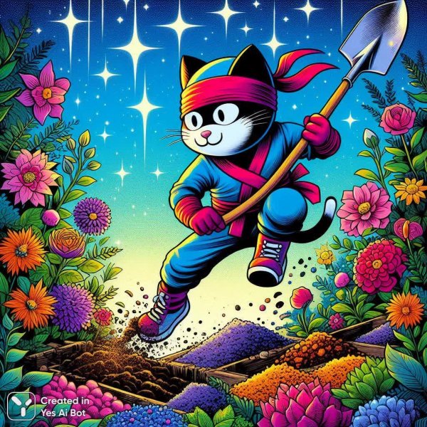 Ниндзя-кот и звездный огород: фантастическое приключение на грядках. Картинка из нейронной сети Dalle 3