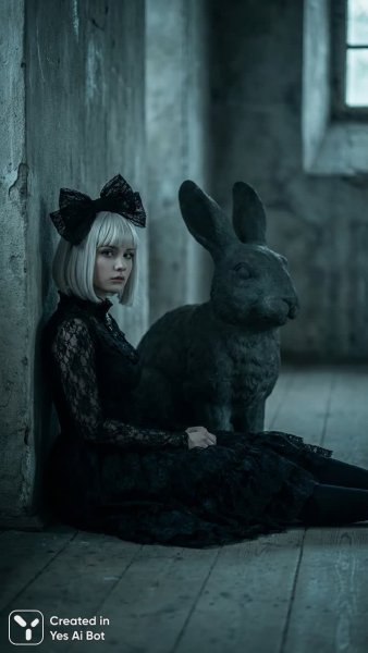 Хрупкая девушка и каменный кролик в готическом стиле. Нейронная сеть Nano-Banana
