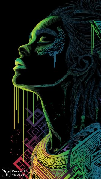 Неоновая девушка в ярких аксессуарах и геометрическом пространстве. Картинка из нейронной сети Миджорни