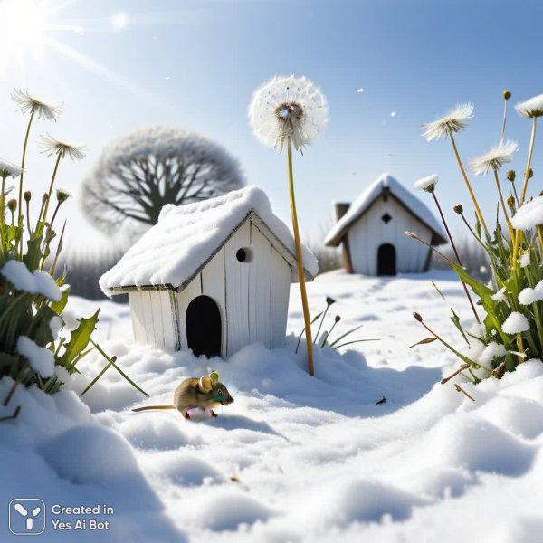 Зимний пейзаж с одуванчиком и мышкой. Генерация из нейросети Stable Diffusion