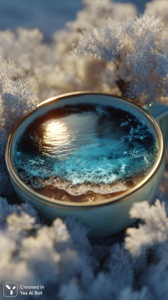 Зимняя сказка в прозрачной чашке с морем и солнцем. Нейросеть Midjourney