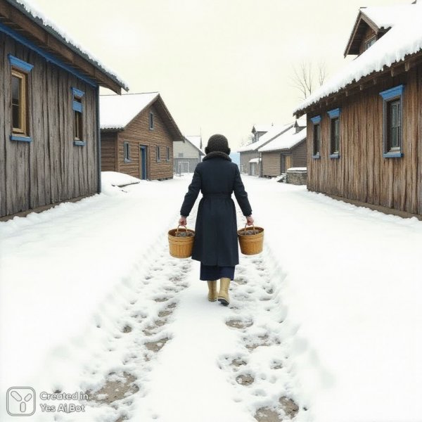 Зимняя дорога: женщина с водой в деревне. Картинка из нейросети Flux