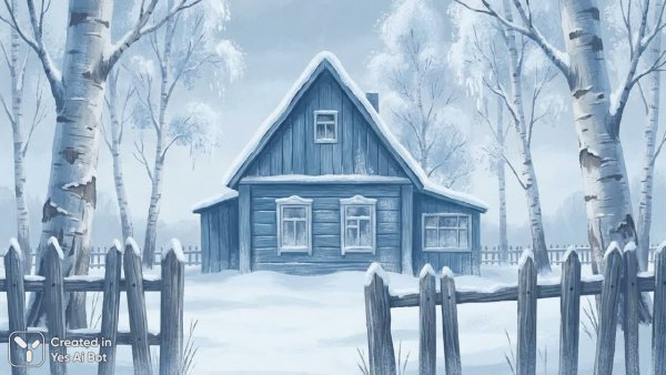 Зимнее очарование: уютный домик в заснеженном пейзаже. Генерация из нейронной сети Nano Banana