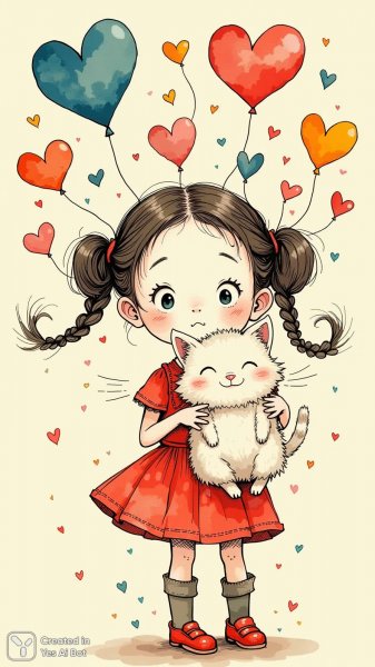 Милая девочка с котиком в мире ярких сердец и облаков. Генерация из нейронной сети Flux 1