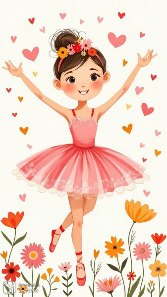 Милая балерина в розовом танце среди цветов и сердец. Нейронная сеть Flux 1
