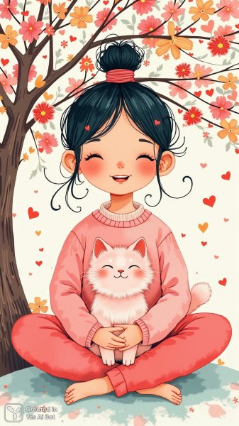 Милая девочка и пушистый кот: нежная акварельная сказка. Нейросеть Flux Ai