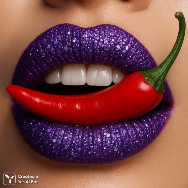 Металлические губы с кристаллами и перец чили: гиперреалистичный портрет. Картинка из нейросети Sora Image