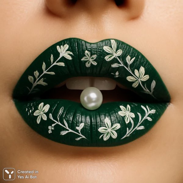 Изысканная красота: губы в изумрудном цвете с жемчужиной и цветочным узором. Изображение из нейронной сети Sora images Ai