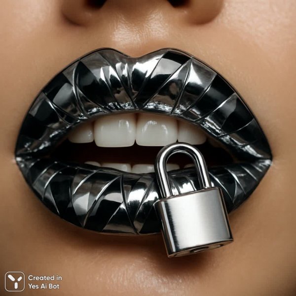 Блестящие губы с серебряным замочком в зубах. Изображение из нейросети Sora