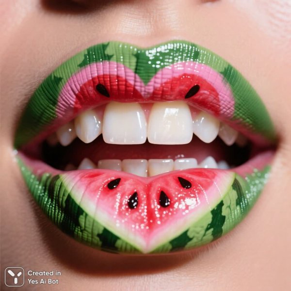 Яркое сердце на губах: искусство гиперреализма и детализированный макияж. Картинка из нейронной сети QWEN