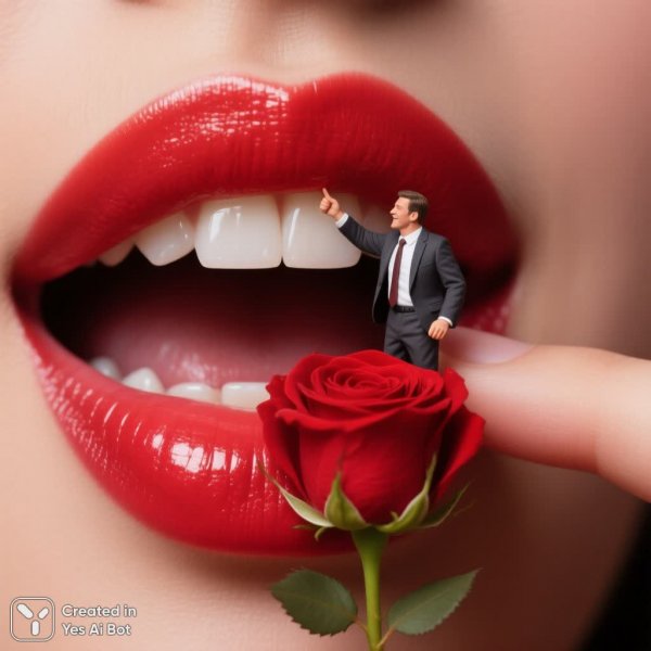 Неожиданный гость на алых губах с яркой помадой. Картинка из нейросети QWEN