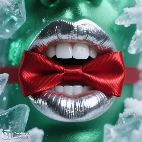 Серебряные губы с зимним настроением и красной лентой в гиперреалистичном стиле. Изображение из нейросети Qwen Ai Images