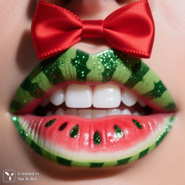 Яркие губы: арбузный дизайн и рождественский блеск. Нейросеть Qwen Image