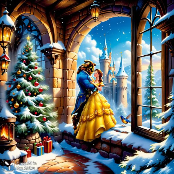 Волшебство Рождества в замке Золушки и Беспощадной Красавицы. Изображение из нейросети Stable Diffusion