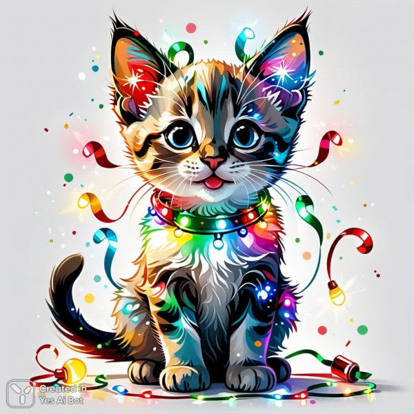 Безумный флюид арт с котенком в рождественских огнях: яркая фантазия и детали. Изображение из нейросети Stable Diffusion