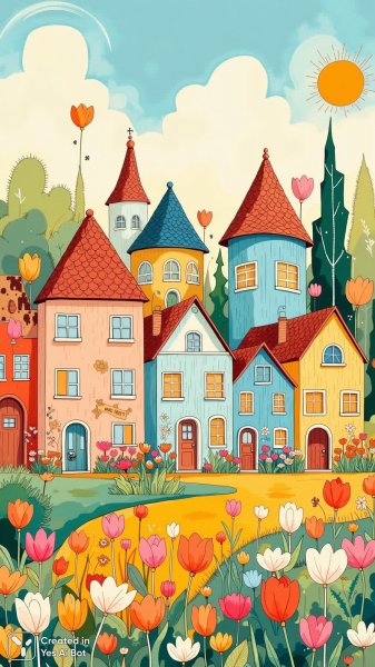 Сказочная деревня среди тюльпанов: акварельные мотивы и народное вдохновение. Нейросеть Flux.1