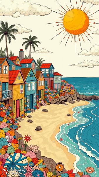 Яркие пляжные домики в стиле Zentangle. Картинка из нейросети Flux Ai