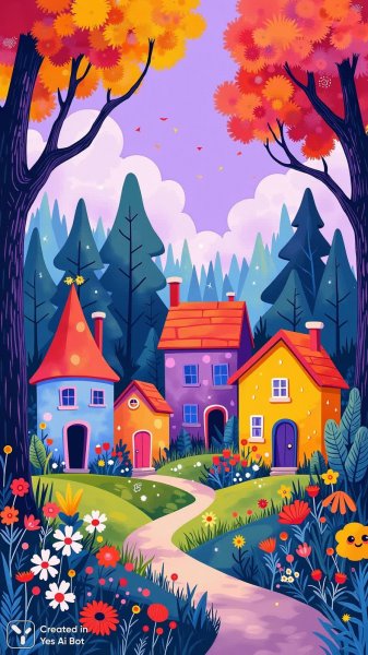 Сказочный лес и яркие домики в наивном стиле. Картинка из нейросети Flux.1