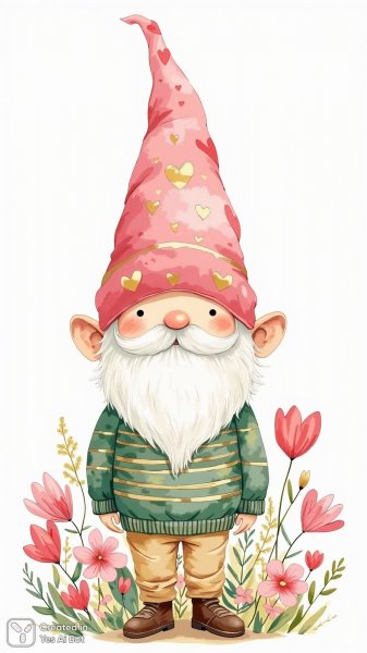 Милый гном с цветами и сердечком в колпаке. Изображение из нейронной сети Flux 1