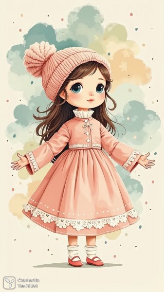 Милая кукла в розовом платье на фоне нежных облаков и сказочного фольклора. Изображение из нейронной сети Flux