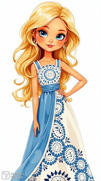 Зентангл иллюстрирует куклу с длинными светлыми волосами в голубом платье. Изображение из нейронной сети Flux 1