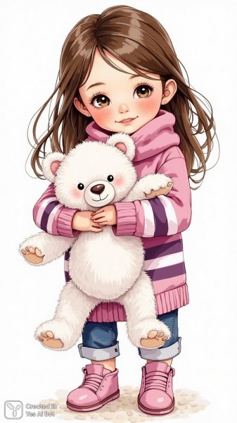 Кукла с мишкой: розовый наряд и аккуратная прическа. Изображение из нейронной сети Flux Ai