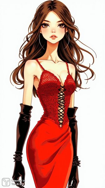 Кукла в красном платье и черных перчатках: серьезный взгляд камеры. Изображение из нейронной сети Flux.1