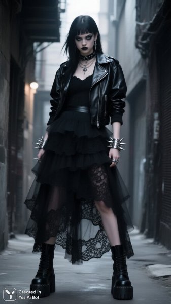 Готская красотка в неоновом переулке: бунтарский стиль и темная элегантность. Картинка из нейросети Qwen images Ai